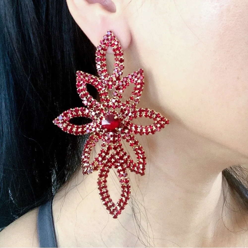 Gorgeous Ruby Red Flower Drop Earrings - Picture 6 of 7